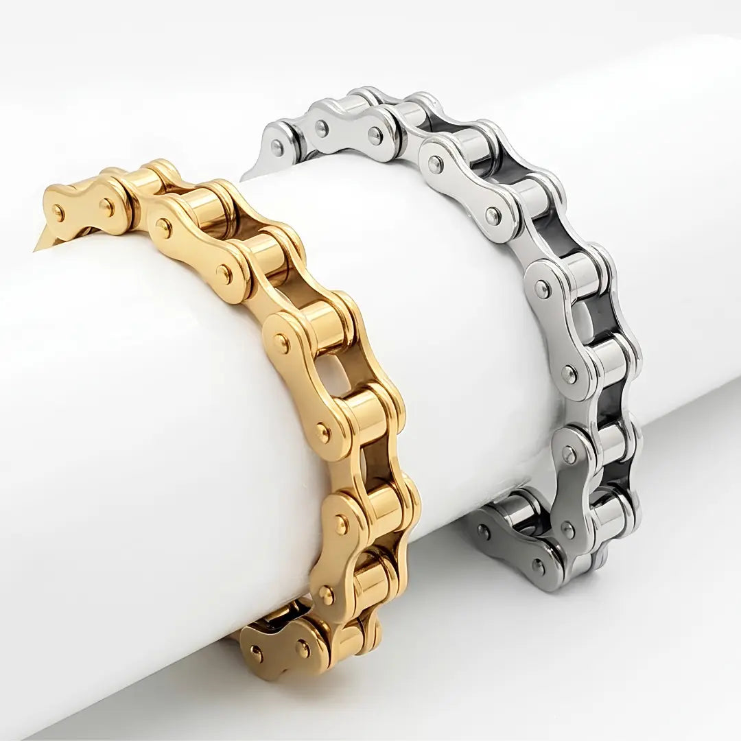 Bicycle Motorcycle Chain Bracelet – 21cm 12mm Industrial Roller Chain Link Bracelet in Gold & Silver for Men